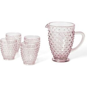 Martha Stewart HOBNAIL Chauncey 4” Pink Glass Cocktail juice SET of 4 & Pitcher
